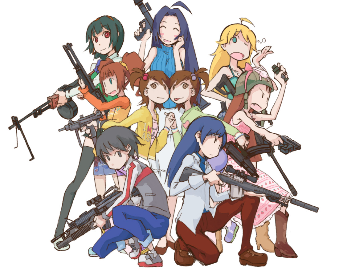 tugeneko, colt, futami ami, futami mami, hoshii miki, kikuchi makoto, kisaragi chihaya, minase iori, miura azusa, otonashi kotori, takatsuki yayoi, call of duty, call of duty 4, heckler & koch, idolmaster, idolmaster (classic), idolmaster 1, multicolored footwear, annotated, 00s, 6+girls, anti-materiel rifle, assault rifle, barrett m82, benelli m4 super 90, blonde hair, blue hair, blush, drum magazine, everyone, explosive, green hair, grenade, grenade launcher, gun, h&k mp5, h&k usp, hair bobbles, hair ornament, hairband, hand grenade, handgun, helmet, high-capacity magazine, less-than-lethal weapon, light machine gun, luger p08, m16, m16a3, m4 carbine, m 21, machine gun, magazine (weapon), man-portable anti-tank systems, mini uzi, multiple girls, pistol, red eyes, rifle, rocket launcher, rpd, rpg, rpg-7, rpg (weapon), scope, shotgun, siblings, sisters, sleeveless, sleeveless turtleneck, sniper rifle, standing, stun grenade, submachine gun, suppressor, thighhighs, tongue, turtleneck, twins, twintails, underbarrel grenade launcher, usp tactical, uzi, weapon