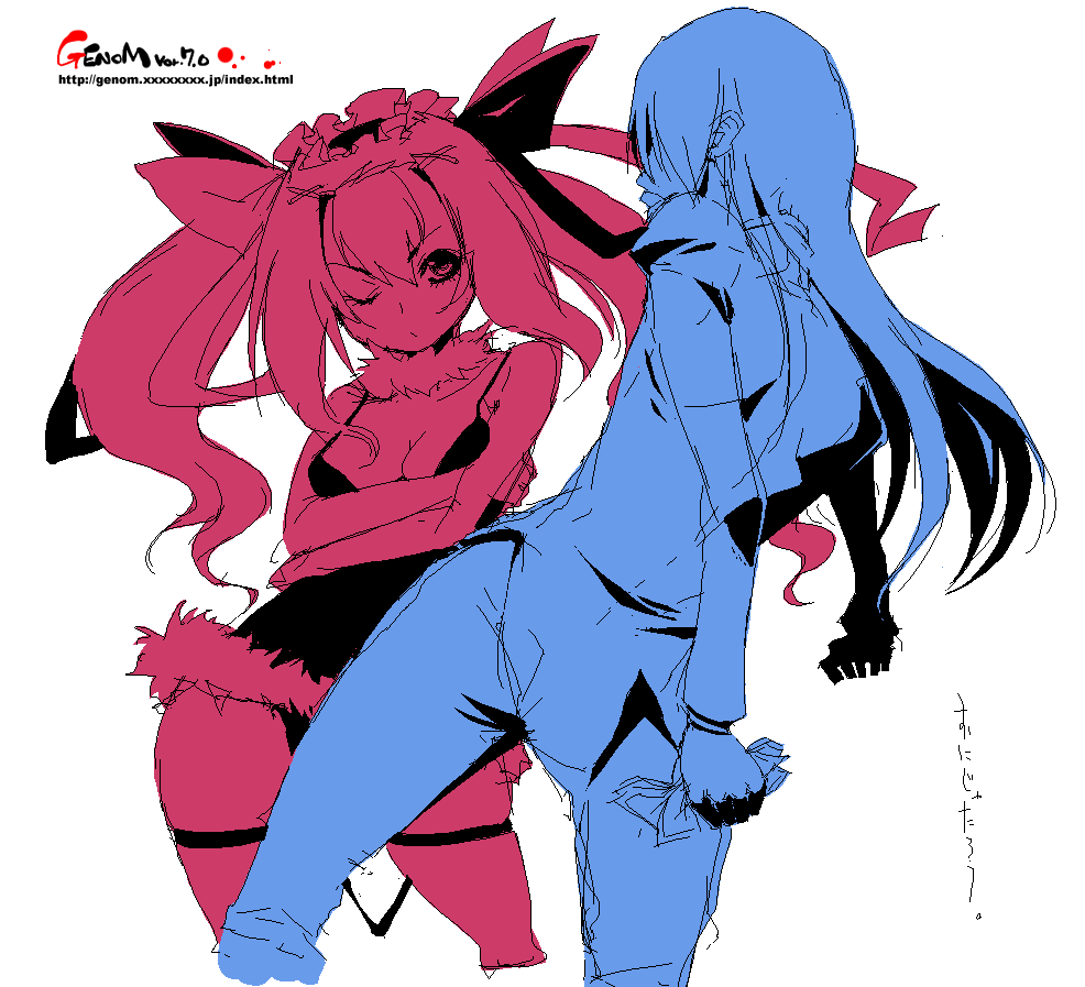 onija tarou, 2girls, arm under breasts, breasts, cleavage, medium breasts, multiple girls, oekaki, red theme, twintails