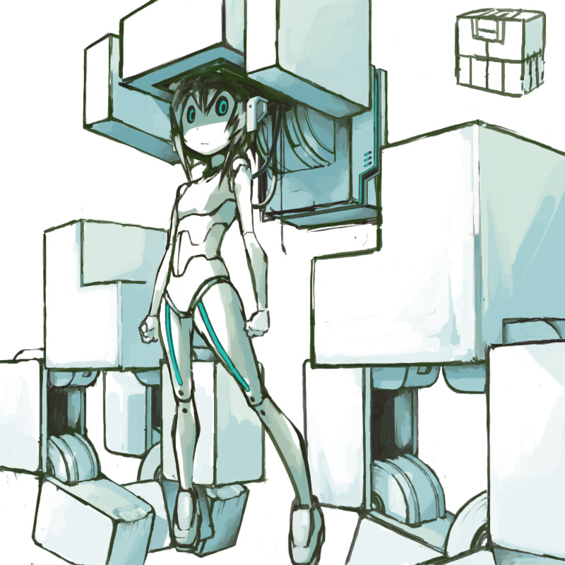 tugeneko, android, aqua eyes, empty eyes, flat chest, mecha musume, mechabare, solo, wire