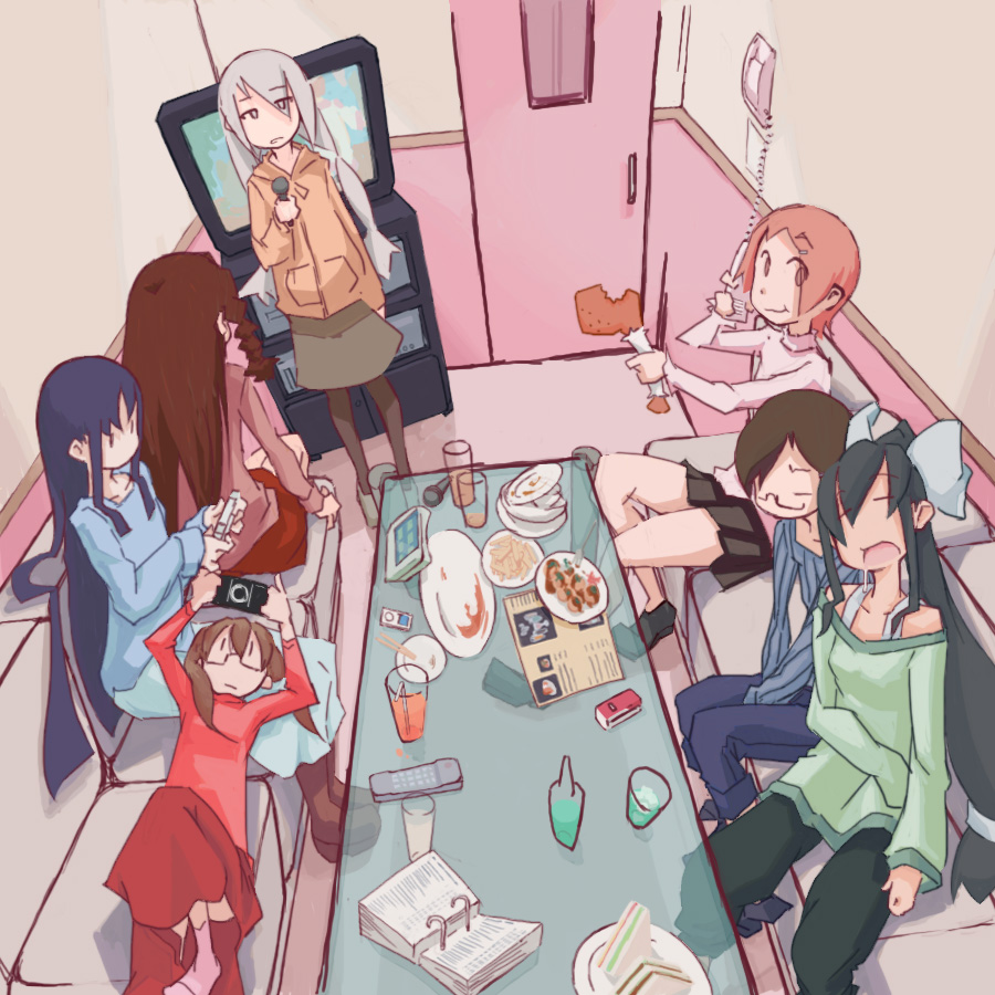 tugeneko, original, silver hair, 6+girls, bare shoulders, blue hair, boots, bow, digital media player, drill hair, eating, everyone, food, glasses, hair bow, handheld game console, ipod, karaoke, lap pillow, long hair, multiple girls, pantyhose, plate, playing games, playstation portable, saliva, short hair, sitting, skirt, sleeping, twintails, video game