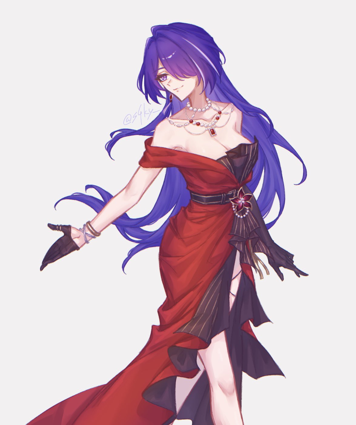 sa (s4ky), acheron (honkai: star rail), acheron (star rail live 2025) (honkai: star rail), honkai: star rail, honkai (series), commentary, highres, 1girl, bare shoulders, bead necklace, beads, black gloves, bracelet, dress, feet out of frame, gloves, grey background, hair over one eye, jewelry, long hair, multicolored hair, necklace, off shoulder, purple eyes, purple hair, red dress, side slit, simple background, smile, solo, standing, streaked hair, very long hair, white hair