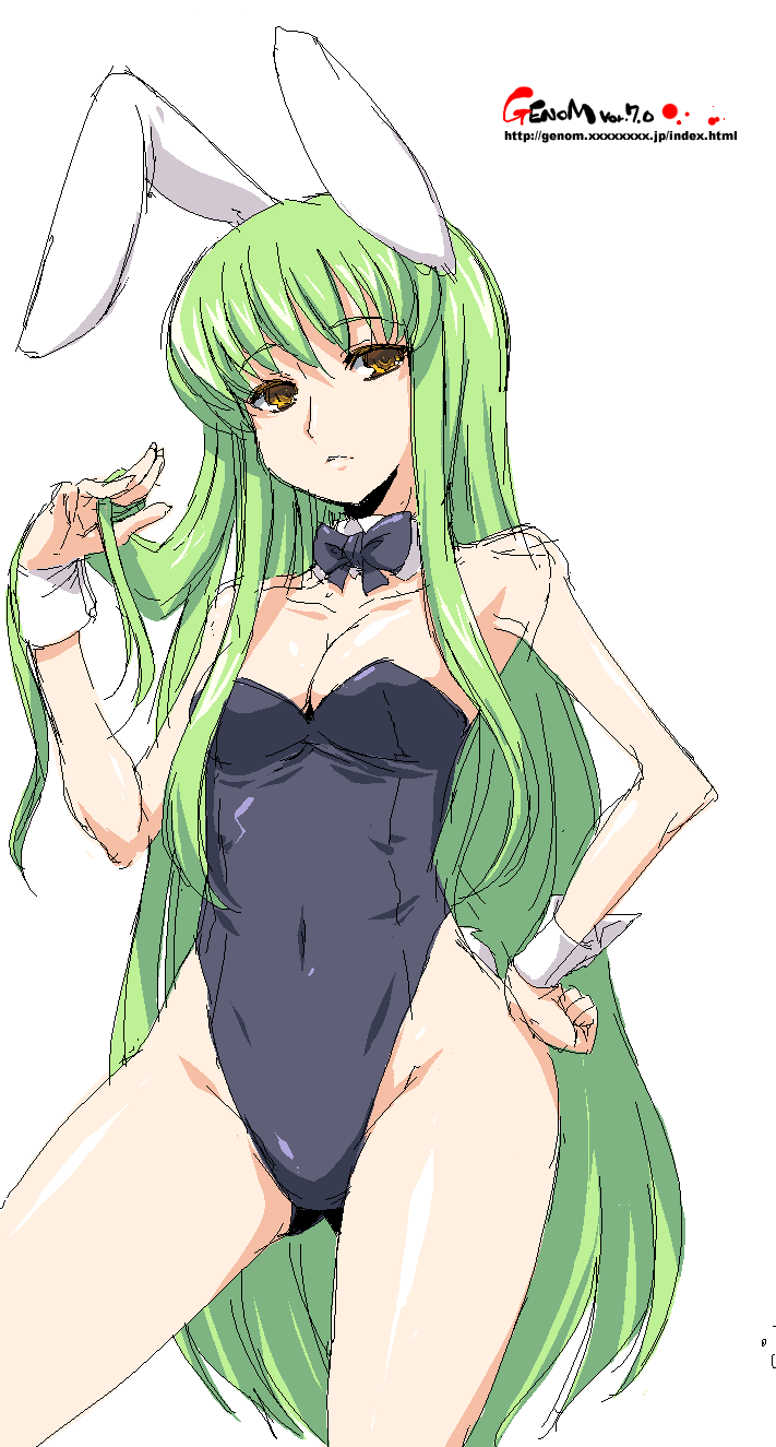 onija tarou, c.c., code geass, highres, 00s, 1girl, animal ears, bare legs, bow, bowtie, cuffs, fake animal ears, female focus, green hair, leotard, long hair, oekaki, playboy bunny, rabbit ears, solo, tail, thighs, very long hair, wrist cuffs, yellow eyes
