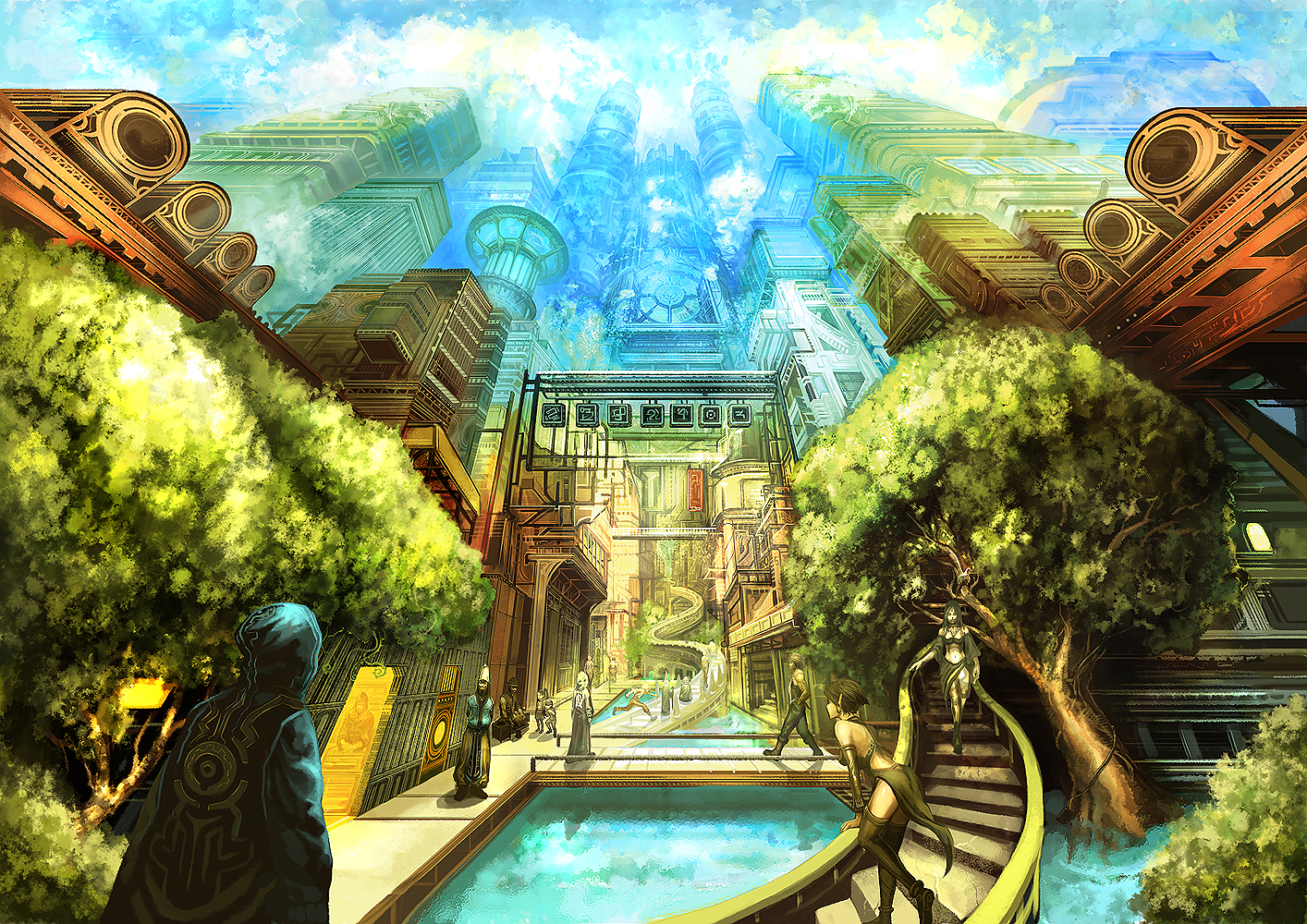shukei, building, city, fantasy, scenery, skyscraper, stairs, tree, water