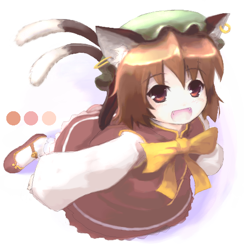 tsubasa (abchipika), chen, touhou, lowres, 1girl, animal ears, brown hair, cat ears, cat girl, cat tail, china dress, chinese clothes, dress, earrings, fang, fangs, female focus, gradient background, hat, jewelry, multiple tails, red eyes, short hair, solo, tail