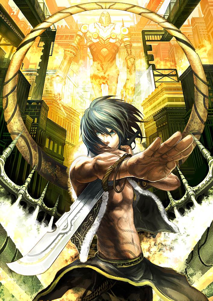 shikei, shukei, 1boy, black hair, bracelet, city, green eyes, jewelry, male focus, mecha, muscular, robot, science fiction, short hair, solo, sword, tattoo, vest, weapon