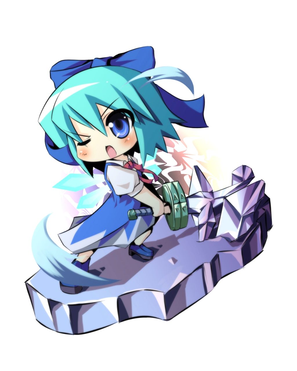 rokushou kokuu, cirno, touhou, bad id, bad pixiv id, highres, 1girl, aqua hair, blue eyes, blue hair, bow, chibi, female focus, hair bow, ice, large bow, matching hair/eyes, one eye closed, open mouth, ribbon, solo, sword, weapon