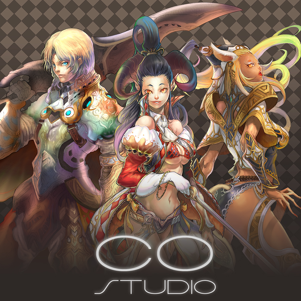 shukei, bad id, bad pixiv id, 1boy, 2girls, animal ears, armor, breasts, fantasy, horns, large breasts, long hair, multiple girls, pointy ears, rapier, sword, tail, underboob, weapon
