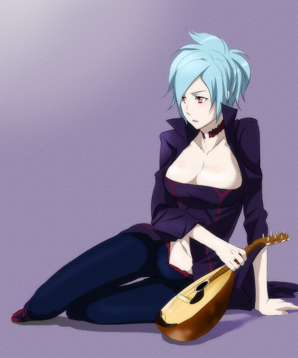 kikuchi mataha, widow (dragonaut), dragonaut, light blue hair, 00s, 1girl, aqua hair, biwa lute, blue hair, breasts, cleavage, female focus, gradient background, instrument, large breasts, lute (instrument), midriff, navel, red eyes, short hair, simple background, sitting, solo