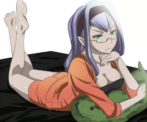 kikuchi mataha, anacondy, anacondy (yes! precure 5), precure, yes! precure 5, lowres, 00s, 1girl, barefoot, bed, breasts, cleavage, feet, female focus, glasses, green eyes, hairband, large breasts, long hair, lying, on stomach, pajamas, pointy ears, purple hair, solo