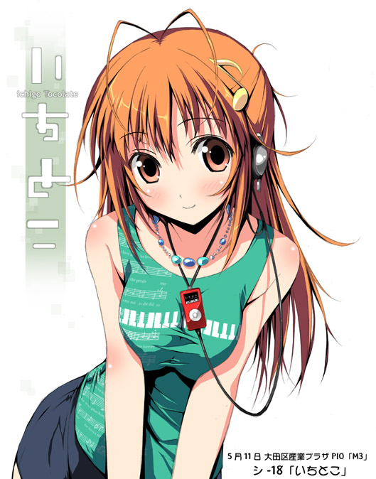 kantoku, original, 1girl, antenna hair, blush, breasts, breasts squeezed together, brown eyes, brown hair, digital media player, earphones, english text, engrish text, female focus, hair ornament, headphones, ipod, long hair, medium breasts, musical note, quaver, ranguage, smile, solo