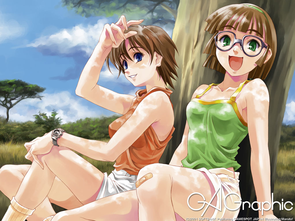 maruto!, gagraphic, 2girls, :d, arm up, bandaid, bandaid on knee, bandaid on leg, bare arms, blue eyes, blunt bangs, brown hair, camisole, cloud, dappled sunlight, day, from side, glasses, grass, green eyes, hairband, multiple girls, nature, open mouth, outdoors, plaster, shading eyes, short hair, shorts, sitting, sky, sleeveless, smile, socks, sunlight, teeth, tree, turtleneck, watch, wristwatch