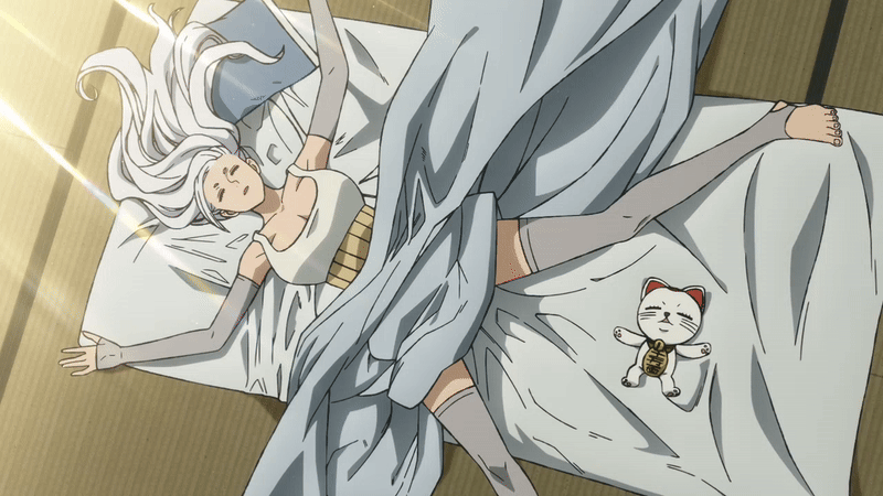 ayase seiko, turbo granny (dandadan), dandadan, animated, animated gif, tagme, 1girl, 2025, 20s, bed, bed sheet, breasts, cat, closed eyes, elbow gloves, futon, gloves, grandma, granny, grey thighhighs, hair down, large breasts, long hair, mature female, outdoors, sleeping, thighhighs, whiskers, white hair, wooden floor