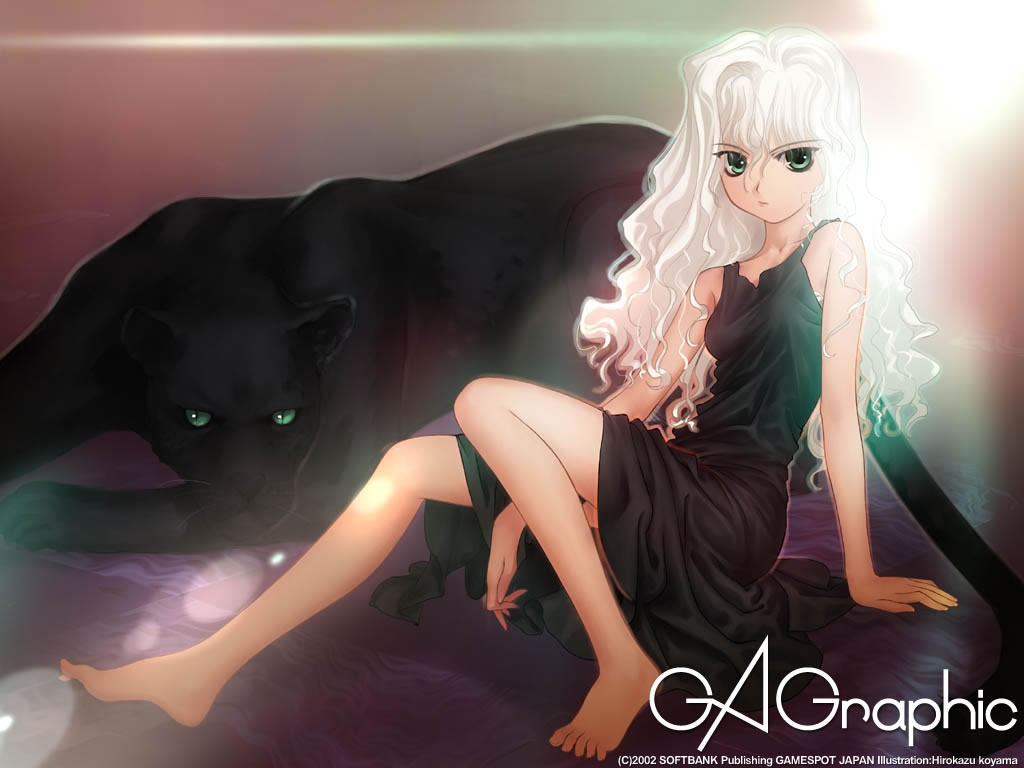 koyama hirokazu, black panther, gagraphic, 1girl, animal, arm support, barefoot, black dress, cat, curly hair, dress, feet, female focus, green eyes, hirokazu koyama, legs, lens flare, long hair, long legs, panther, sitting, solo, white hair