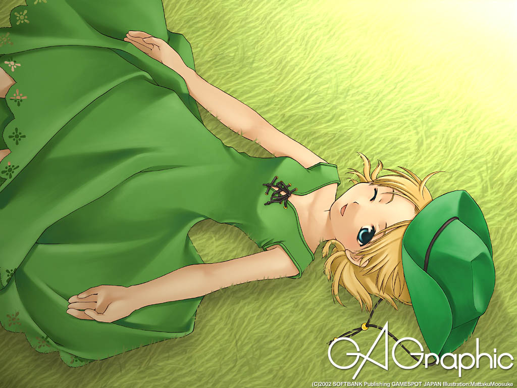 mattaku mousuke, gagraphic, 1girl, :d, blonde hair, blue eyes, dress, female focus, grass, green dress, green theme, hat, lying, on back, one eye closed, open mouth, short hair, smile, solo, wink