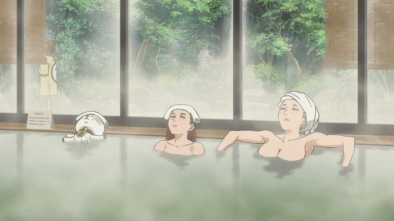 ayase momo, ayase seiko, hana (dandadan), turbo granny (dandadan), dandadan, animated, animated gif, slideshow animation, tagme, 2025, 20s, 2girls, bathhouse, beanie, beanie hat, breasts, cat, closed eyes, grandmother and granddaughter, grey hair, hat, large breasts, mature female, medium breasts, mount fuji, multiple girls, onsen, open mouth, outdoors, shirt, t-shirt, tiles, towel, towel on head, tree, whiskers, window
