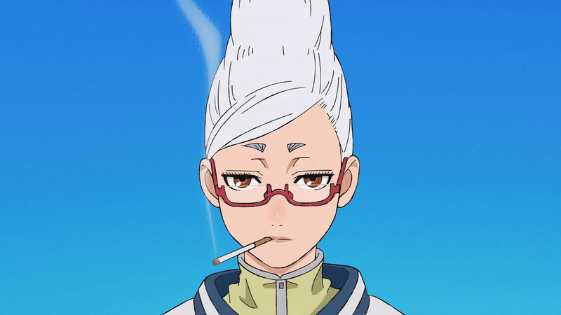 ayase seiko, dandadan, animated, animated gif, tagme, 1girl, 2025, 20s, blue sky, brown eyes, cigarette, eyelashes, grandma, granny, grey hair, jacket, lipstick, long hair, looking at viewer, makeup, mature female, red-framed eyewear, semi-rimless eyewear, sky, smoking, solo, sweater, white jacket, yellow sweater