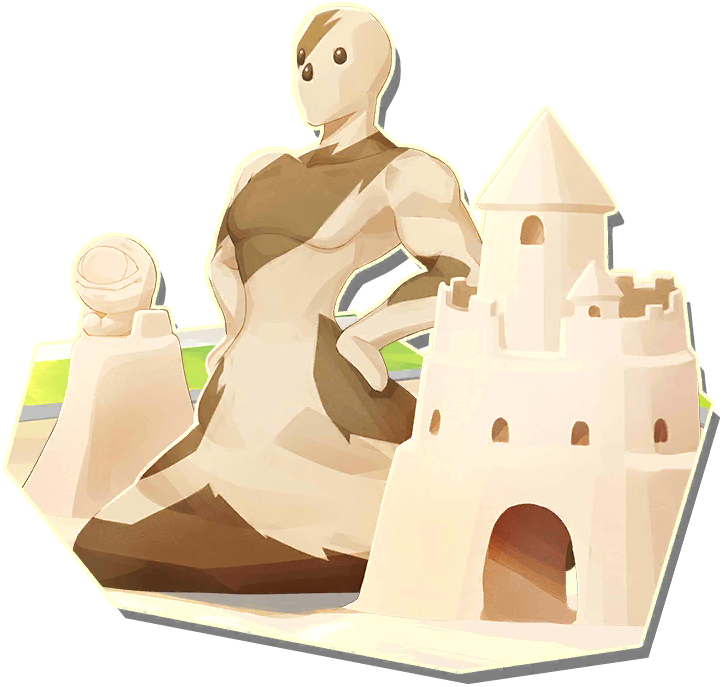 jell (monster farm), suezo, line: monster farm, monster farm, official art, muddy jell (monster farm), sand castle, sand sculpture