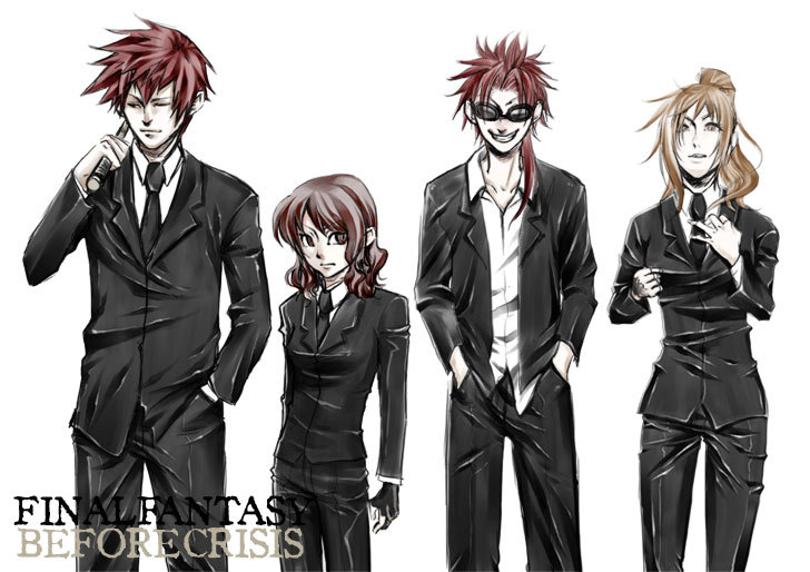 cissnei, reno (ff7), rod (male), shotgun (female), before crisis final fantasy vii, final fantasy, final fantasy vii, square enix, 1990s (style), 2boys, 2girls, copyright name, formal clothes, lineup, multiple boys, multiple girls, retro artstyle, suit, turk reno, turk rod, turk shotgun, turk shuriken, turks (ff7)