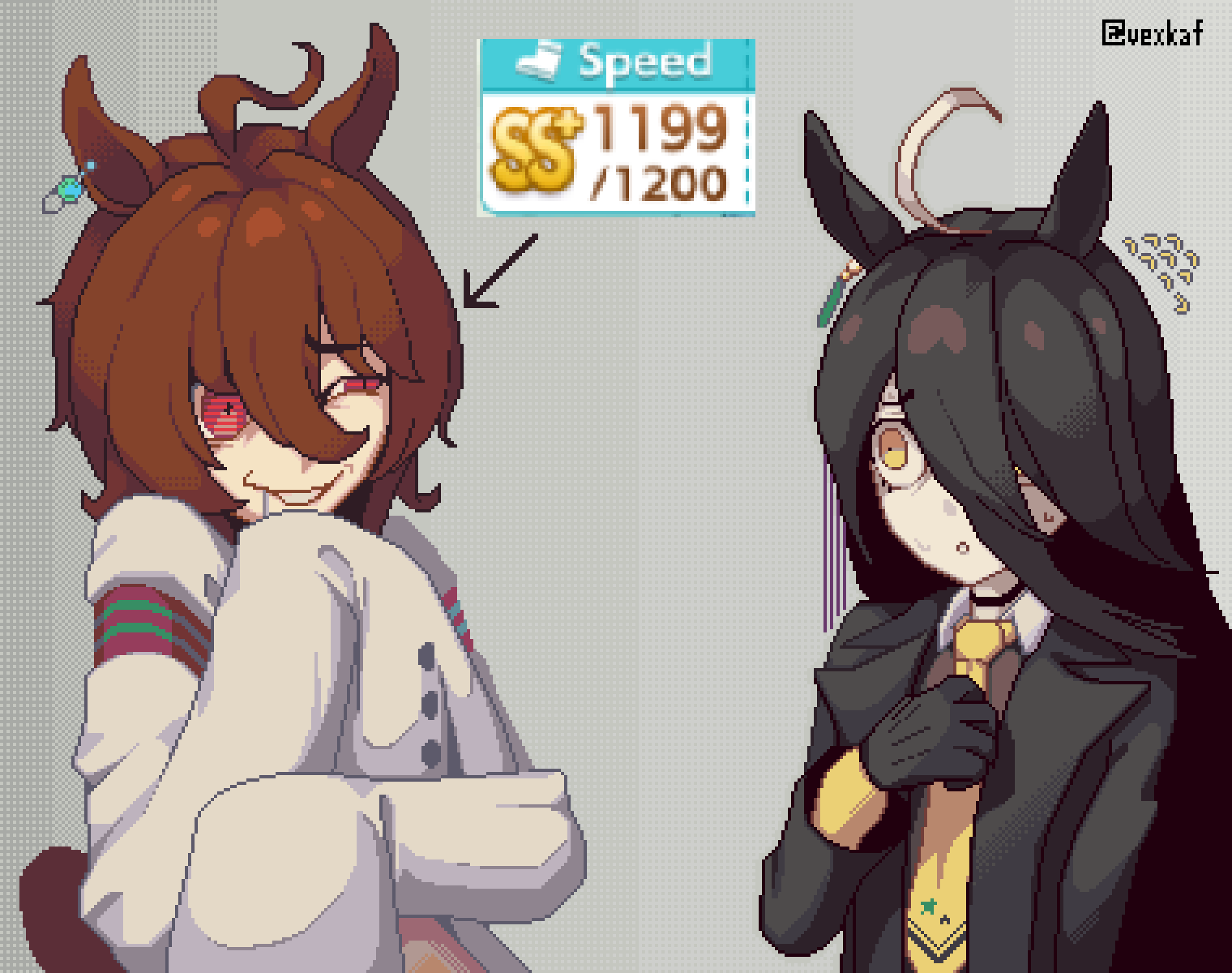 vexkaf, agnes tachyon (umamusume), manhattan cafe (umamusume), umamusume, commentary, english commentary, highres, 2girls, agnes tachyon (tach-nology) (umamusume), ahoge, animal ear piercing, animal ears, arrow (symbol), black coat, black gloves, black hair, brown hair, coat, collared coat, collared shirt, drooling, evil eyes, evil grin, evil smile, flat chest, flying sweatdrops, gameplay mechanics, gloom (expression), gloves, grey hair, grin, hair between eyes, hair over one eye, half-closed eye, hand on own chest, hand up, horse ears, horse girl, horse tail, lab coat, long bangs, long hair, long sleeves, looking at another, medium hair, multicolored hair, multiple girls, necktie, nervous, nervous sweating, one eye covered, pixel art, red eyes, saliva, scared, shirt, sleeves past fingers, sleeves past wrists, smile, streaked hair, sweat, tail, twitter username, two-tone hair, upper body, white coat, yellow eyes, yellow necktie