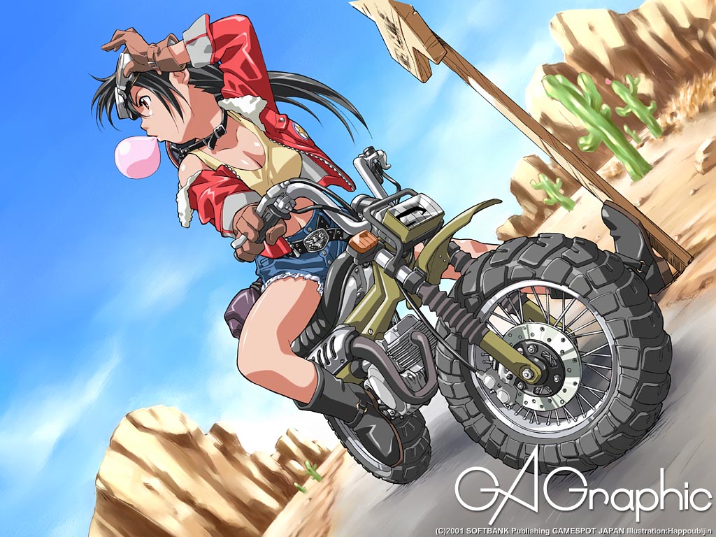 happoubi jin, gagraphic, vehicle, 1girl, black hair, blowing bubble gum, blowing bubbles, boots, breasts, cactus, chewing gum, cleavage, cutoffs, denim, denim shorts, desert, dirtbike, female focus, goggles, medium breasts, motor vehicle, motorcycle, shorts, solo