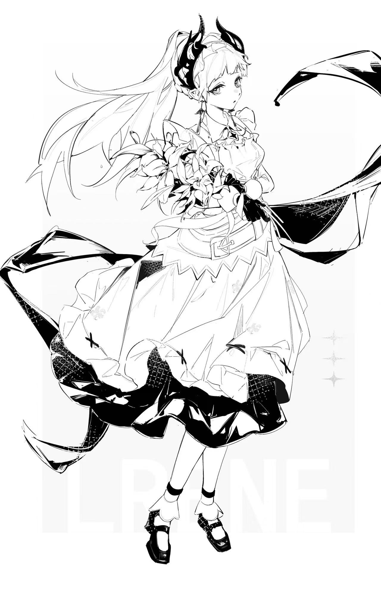 huazihuazihz, irene (arknights), irene (voyage of feathers) (arknights), ambience synesthesia, arknights, chinese commentary, commentary request, highres, 1girl, belt, belt buckle, bouquet, buckle, character name, dress, earrings, flower, frills, full body, gloves, greyscale, holding, holding bouquet, jewelry, long dress, long hair, looking at viewer, maid, monochrome, official alternate costume, parted lips, ponytail, shoes, solo, standing
