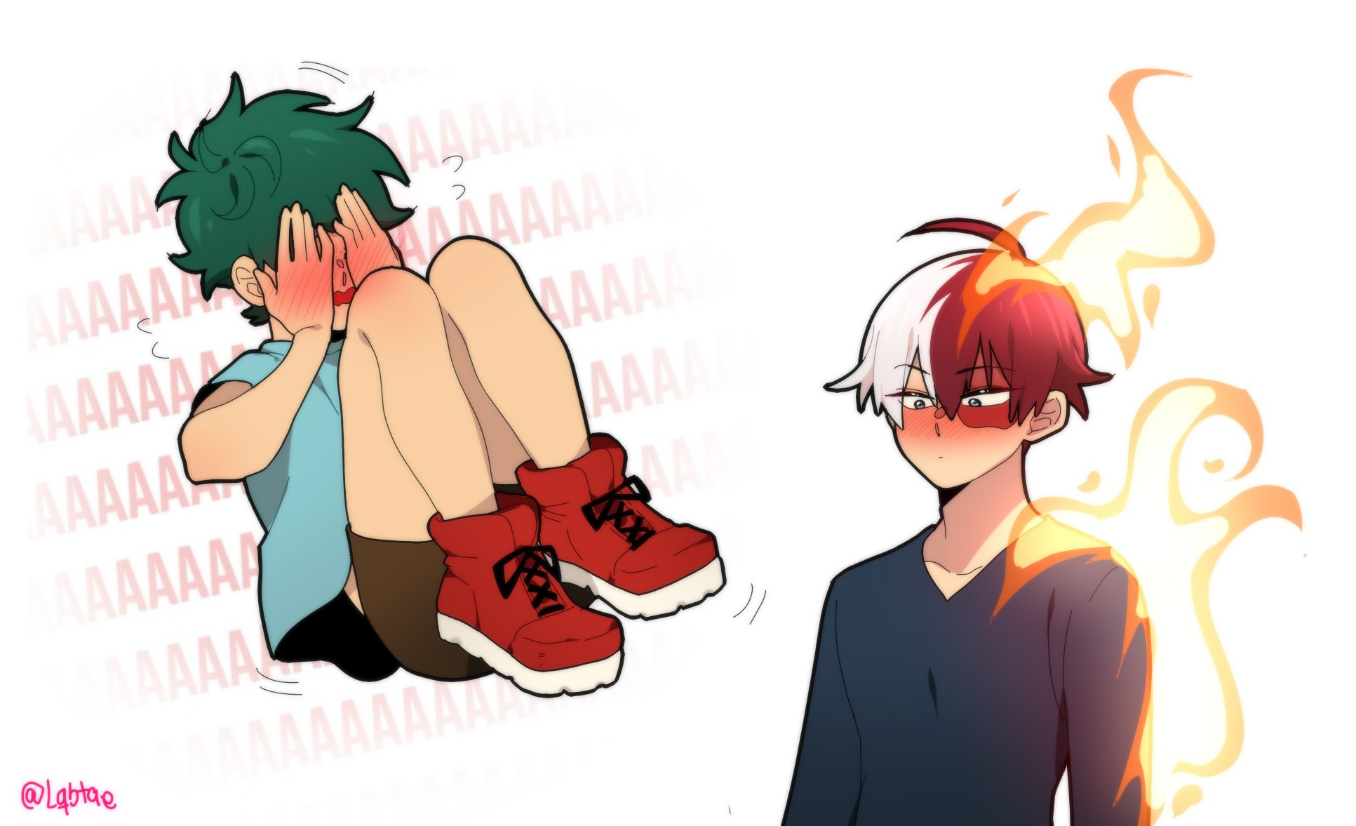 midoriya izuku, todoroki shoto, boku no hero academia, blush, covering face, embarrassed, fire, legs, lqbtaes, scar, shirt, shoes, shorts, tododeku, yaoi