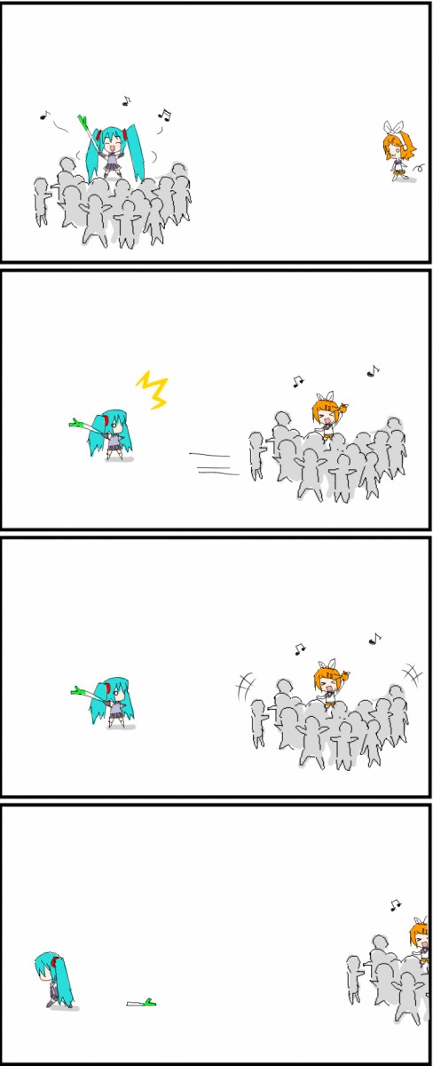 shiden, hatsune miku, kagamine rin, vocaloid, bad id, bad pixiv id, highres, 4koma, comic, crowd, music, silent comic, singing, spring onion, truth