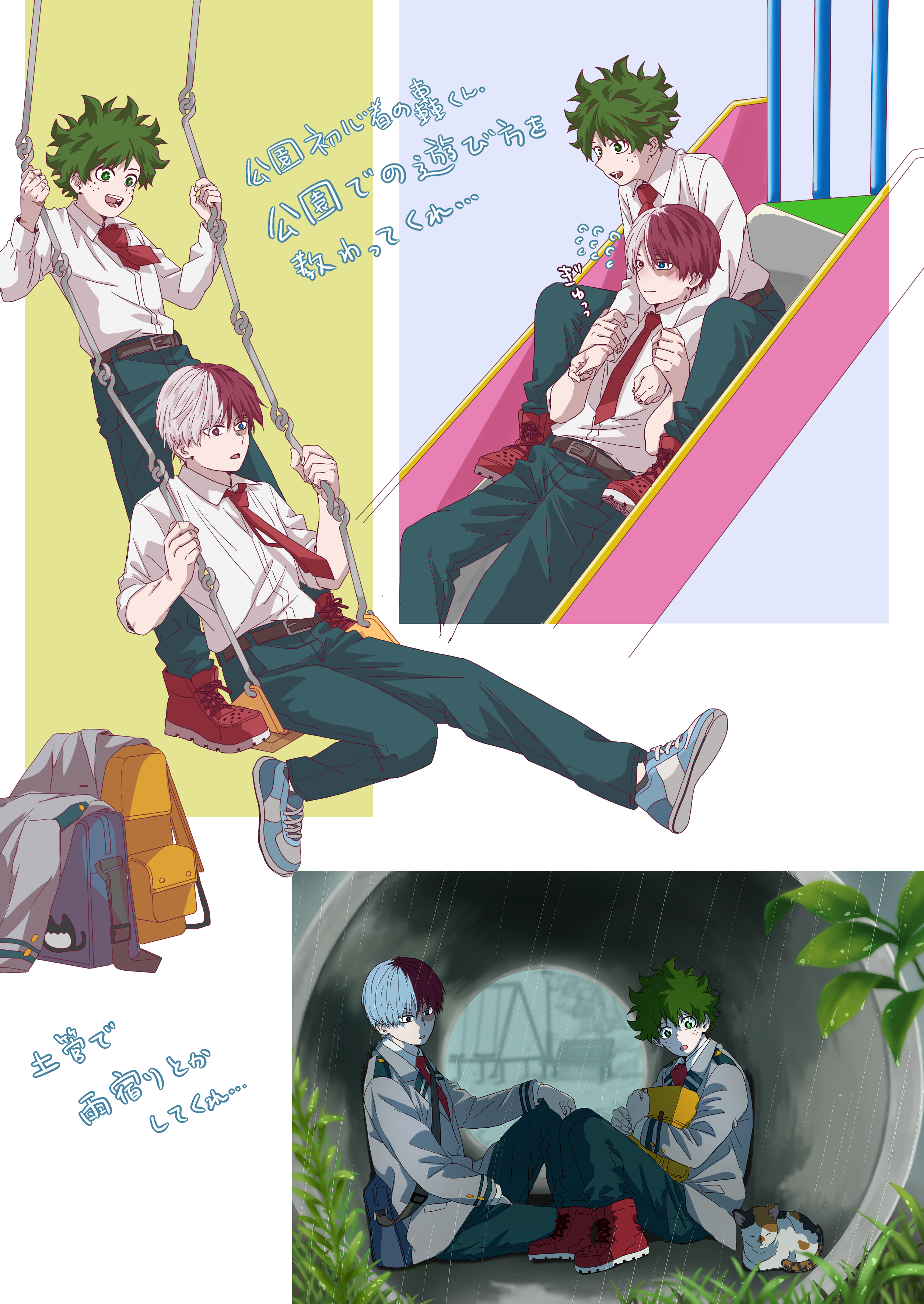 ko10 02, midoriya izuku, todoroki shoto, boku no hero academia, backpack, bag, cat, ed hair, freckles, green hair, hug, scar, school uniform, swimming, tododeku, white hair