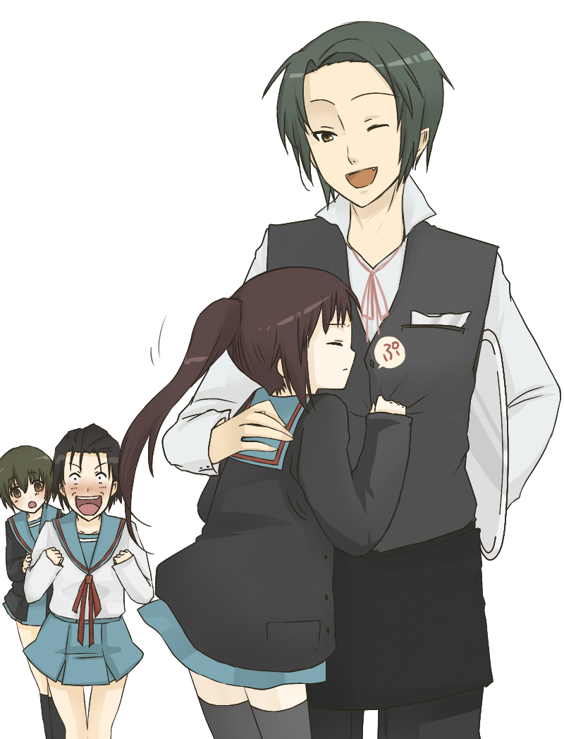 genmai, kunikida (suzumiya haruhi), kyonko, taniguchi (suzumiya haruhi), tsuruya, tsuruya-senpai, suzumiya haruhi no yuuutsu, 00s, 1boy, 3girls, cardigan, genderswap, genderswap (ftm), genderswap (mtf), multiple girls, ponytail, school uniform, serafuku, tray, waiter