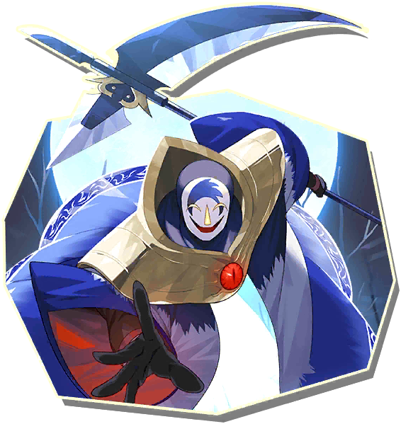 line: monster farm, monster farm, official art, blue terror (monster farm), joker (monster farm), mask, monster, scythe
