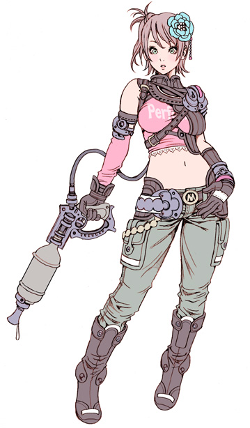 yamashita shun'ya, 1girl, boots, breasts, cyberpunk, female focus, flamethrower, flower, full body, gloves, green eyes, gun, hand on own hip, large breasts, midriff, navel, rose, short hair, solo, surprised, weapon