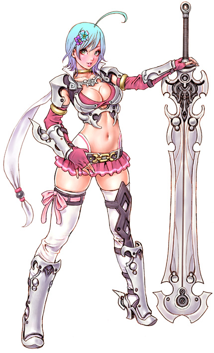 yamashita shun'ya, cocona (yamashita shunya), original, 1girl, ahoge, armlet, armor, belt, bikini armor, blue hair, blush, boots, bow, breasts, choker, cleavage, curvy, elbow gloves, fantasy, female focus, fingerless gloves, flower, gloves, green eyes, hair flower, hair ornament, high heels, hip focus, huge weapon, jewelry, knee boots, lipstick, makeup, midriff, miniskirt, navel, pink bow, pleated skirt, shoes, short hair, skirt, smile, solo, sword, thighhighs, weapon, white thighhighs, wide hips, zettai ryouiki