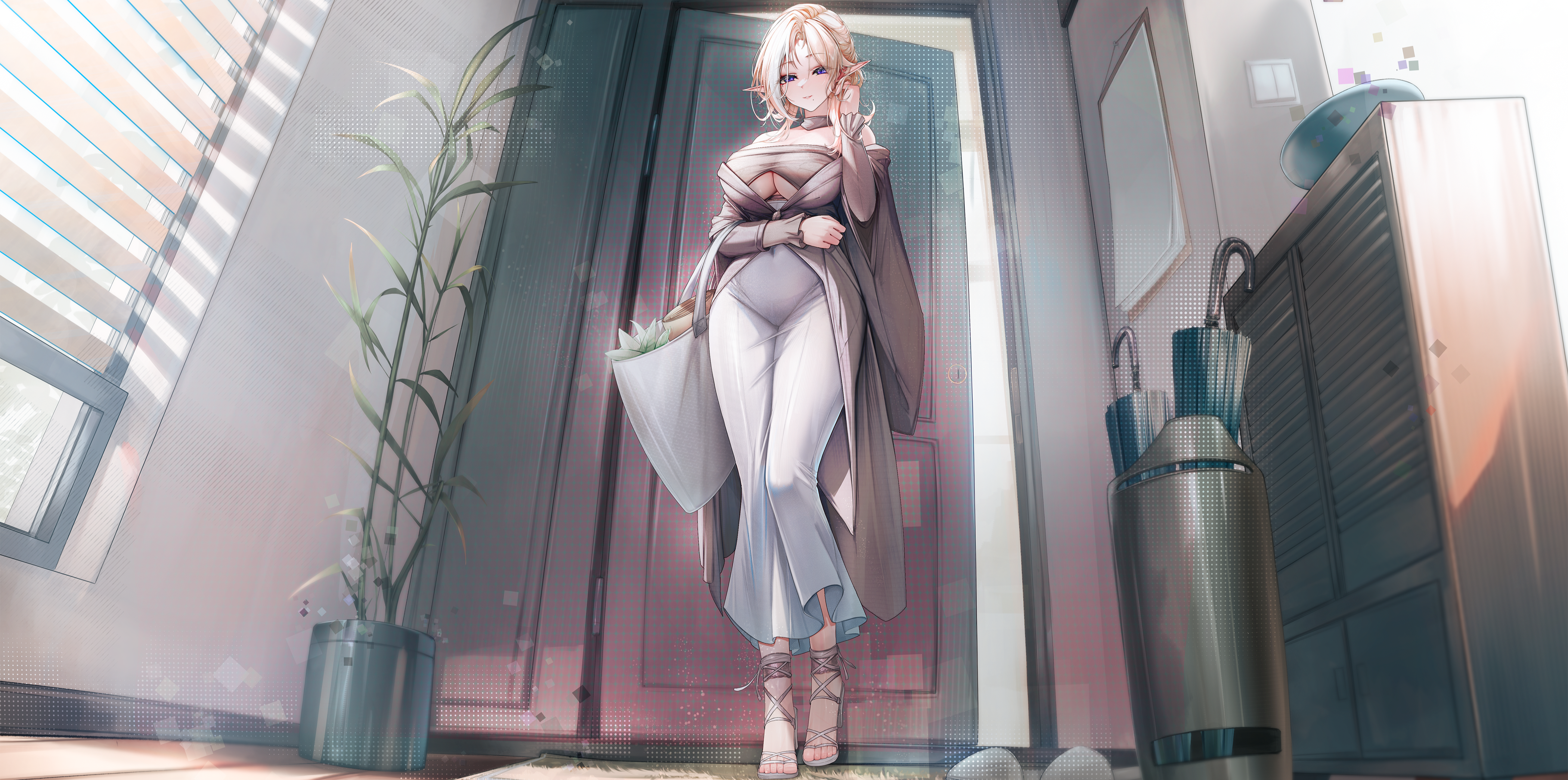 lrrer, original, absurdres, clothing request, commentary, highres, 1girl, bag, bare shoulders, blonde hair, blush, breasts, cabinet, cleavage, clothing cutout, covered groin, covered navel, door, dress, elbow carry, feet, from below, full body, grey dress, hand in own hair, hand up, high heel sandals, holding, holding bag, indoors, large breasts, legs, light particles, long dress, long hair, long sleeves, looking at viewer, mole, mole under mouth, multicolored hair, off-shoulder dress, off shoulder, open door, parted bangs, parted lips, plant, pointy ears, potted plant, purple eyes, rug, sandals, sidelocks, solo, standing, streaked hair, thighs, toes, umbrella, umbrella stand, underboob, underboob cutout, white streaks, window, window blinds