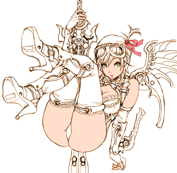 yamashita shun'ya, nasca (yamashita shunya), original, unfinished, 1girl, ass, boots, breasts, cleavage, curvy, cyberpunk, elbow gloves, female focus, fingerless gloves, gloves, goggles, green eyes, hair ribbon, high heel boots, high heels, huge weapon, large breasts, legs up, lipstick, makeup, miniskirt, monochrome, panties, partially colored, ribbon, shoes, short hair, side ponytail, skirt, smile, solo, spot color, sword, thighhighs, thighs, underwear, weapon, wings