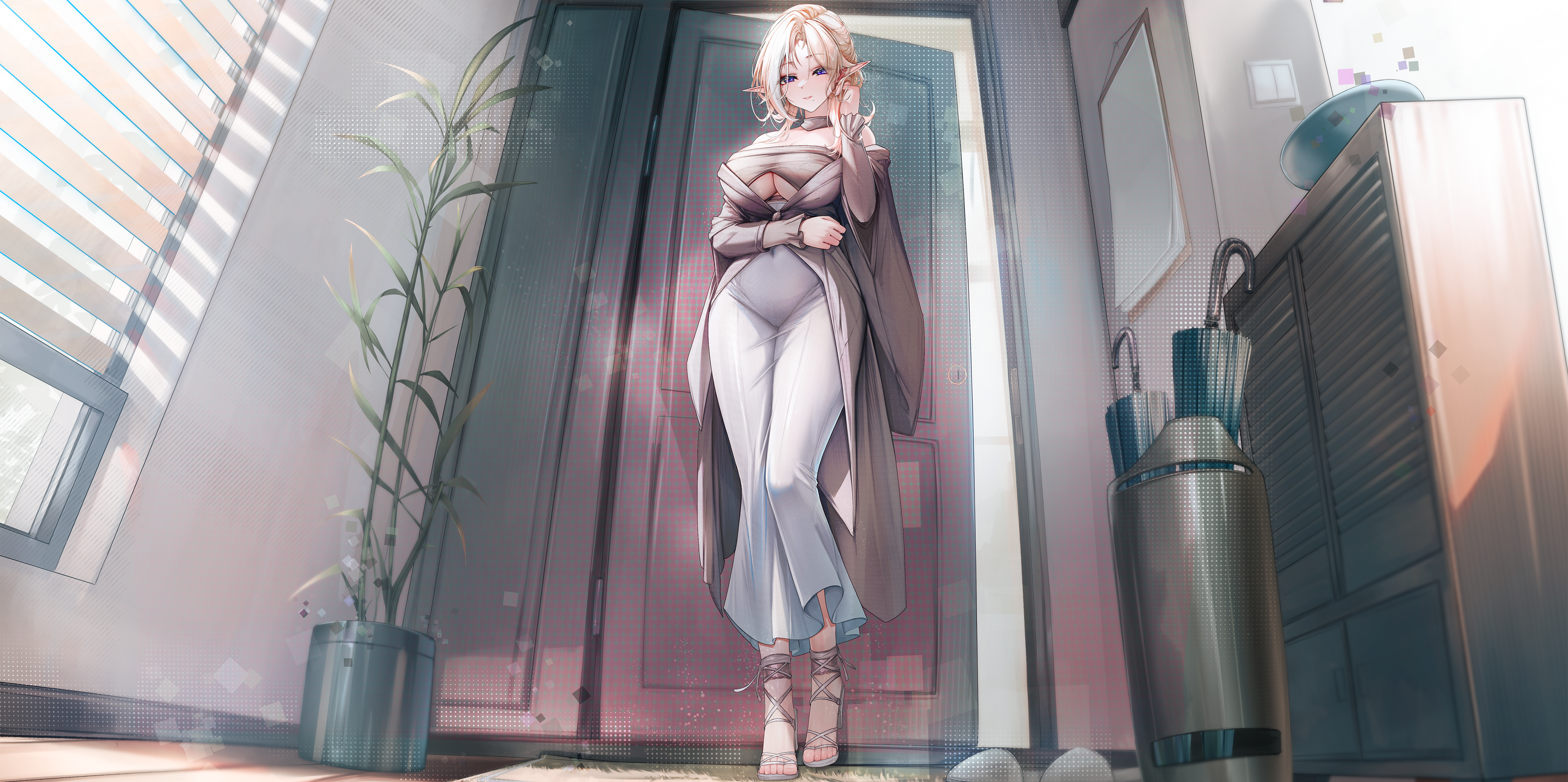 lrrer, original, absurdres, clothing request, commentary, highres, 1girl, bare shoulders, blonde hair, blush, breasts, cabinet, cleavage, clothing cutout, covered groin, covered navel, door, dress, feet, from below, full body, grey dress, hand in own hair, hand up, high heel sandals, indoors, large breasts, legs, light particles, long dress, long hair, long sleeves, looking at viewer, mole, mole under mouth, multicolored hair, off-shoulder dress, off shoulder, open door, parted bangs, parted lips, plant, pointy ears, potted plant, purple eyes, rug, sandals, sidelocks, solo, standing, streaked hair, thighs, toes, umbrella, umbrella stand, underboob, underboob cutout, white streaks, window, window blinds