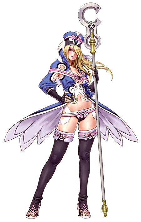 yamashita shun'ya, petra, original, 1girl, black thighhighs, blonde hair, blush, breasts, cleavage, dress, feet, female focus, fingerless gloves, full body, gloves, hair over one eye, hand on own hip, hat, high heels, hip focus, large breasts, lipstick, long hair, makeup, midriff, navel, no bra, no pants, sandals, shoes, sideboob, simple background, smile, solo, staff, standing, thighhighs, thighs, toeless legwear, yellow eyes, zettai ryouiki