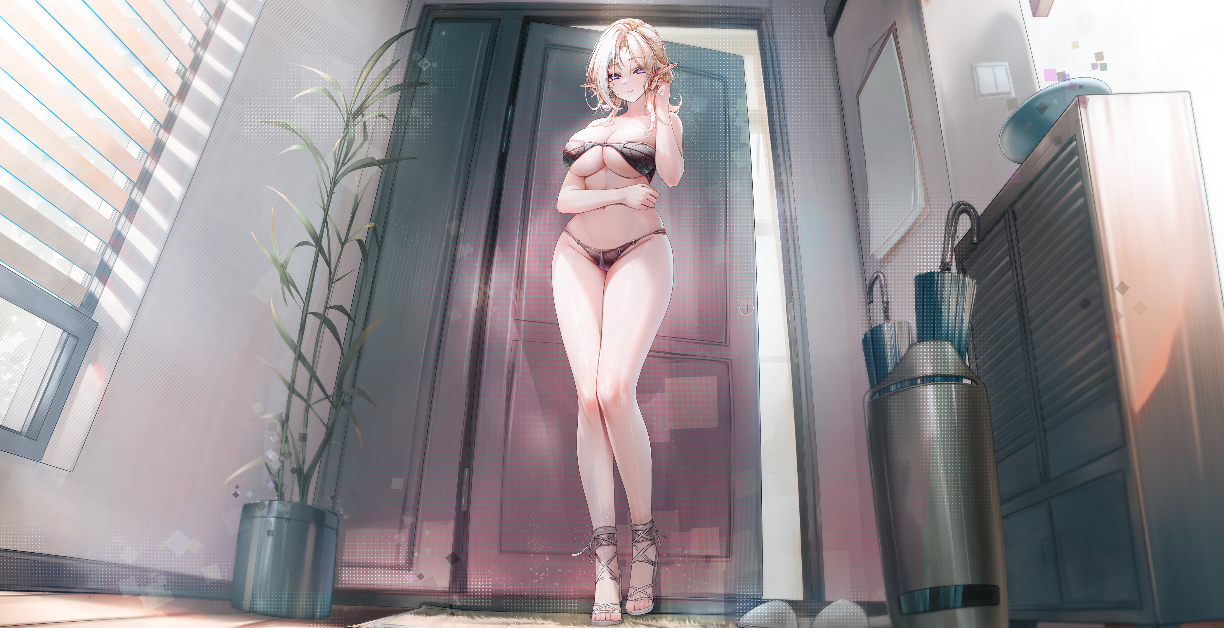 lrrer, original, absurdres, commentary, highres, 1girl, bare shoulders, black bra, black panties, blonde hair, blush, bra, breasts, cabinet, cleavage, collarbone, door, elbow carry, feet, from below, full body, groin, hand in own hair, hand up, heart, heart in eye, high heel sandals, holding, indoors, large breasts, legs, light particles, long hair, looking at viewer, mole, mole under mouth, multicolored hair, navel, o-ring, o-ring bottom, o-ring top, open door, panties, parted bangs, parted lips, plant, pointy ears, potted plant, purple eyes, rug, sandals, sidelocks, solo, standing, streaked hair, striped clothes, striped panties, symbol in eye, thighs, toes, umbrella, umbrella stand, underboob, underwear, white streaks, window, window blinds