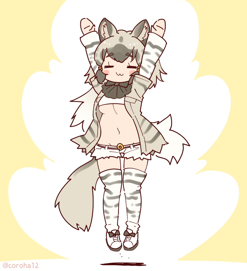 coroha, striped hyena (kemono friends), kemono friends, kemono friends 3, 1girl, animal ears, arms up, belt, extra ears, full body, grey hair, hyena ears, hyena girl, hyena tail, jacket, jumping, long hair, navel, scarf, shirt, shoes, shorts, simple background, solo, tail, thighhighs, yellow background