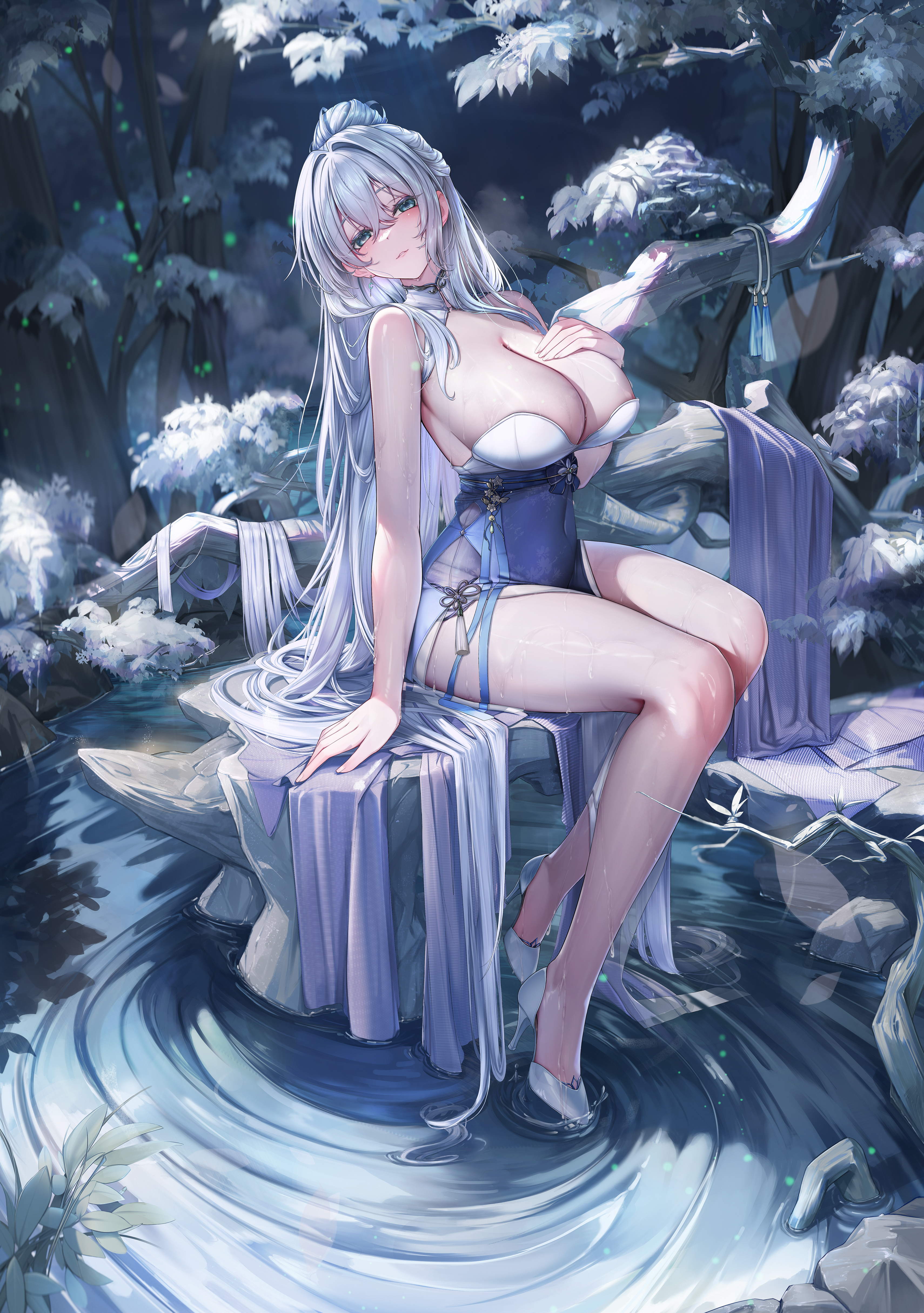 lrrer, original, absurdres, clothing request, commentary, highres, 1girl, aqua eyes, areola slip, bare legs, bare shoulders, belt, blurry, blurry background, blush, branch, breasts, chinese clothes, chinese knot, cleavage, covered navel, fingernails, full body, hair between eyes, hair intakes, hand on own chest, head tilt, high belt, high heels, large breasts, legs, long hair, looking at viewer, parted lips, ripples, shoes, sitting, smile, solo, strapless, thighs, very long hair, wet, white hair, white shoes