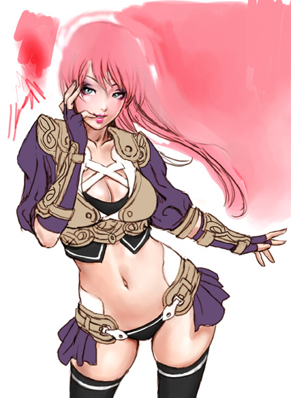 yamashita shun'ya, 1girl, arm guards, blue eyes, breasts, cleavage, contrapposto, female focus, fingerless gloves, gloves, hip focus, lipstick, makeup, medium breasts, midriff, navel, pink hair, sketch, solo, standing, thighhighs