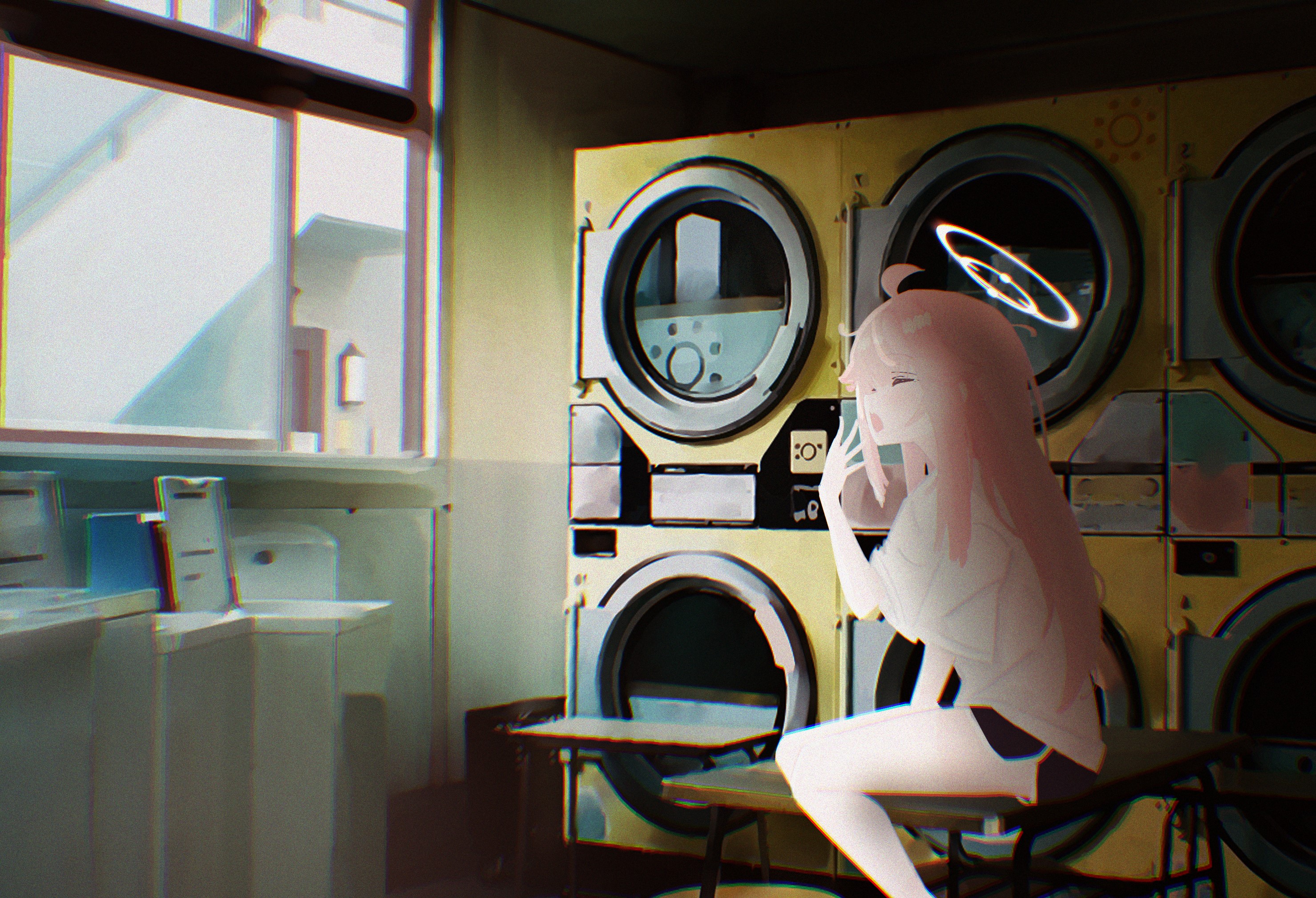 appl2pi2, natsu (blue archive), blue archive, commentary, english commentary, highres, 1girl, ahoge, alternate costume, alternate hairstyle, black shorts, chromatic aberration, closed eyes, desk, dolphin shorts, film grain, halo, hand to own mouth, indoors, laundromat, long hair, messy hair, on desk, open mouth, pink hair, pink halo, shirt, shorts, sitting, solo, washing machine, white shirt, window, yawning