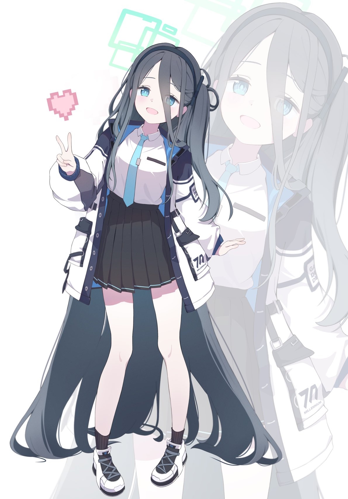 aris (blue archive), blue archive, commentary, highres, 1girl, :d, absurdly long hair, aqua halo, arm at side, black hair, black hairband, black skirt, black socks, blue eyes, blue necktie, blue pupils, blush, collared shirt, cross-laced shoes, double-parted bangs, eyes visible through hair, full body, hair between eyes, hair over shoulder, hairband, halo, hand up, happy, heart, jacket, k yomichi, long hair, long hair between eyes, long sleeves, looking at viewer, millennium science school logo, miniskirt, necktie, one side up, open clothes, open jacket, open mouth, pixel heart, pleated skirt, rectangular halo, ringed eyes, shirt, shoes, sidelocks, simple background, skirt, smile, sneakers, socks, solo, standing, straight hair, v, very long hair, white background, white jacket, white shirt, white shoes, zoom layer