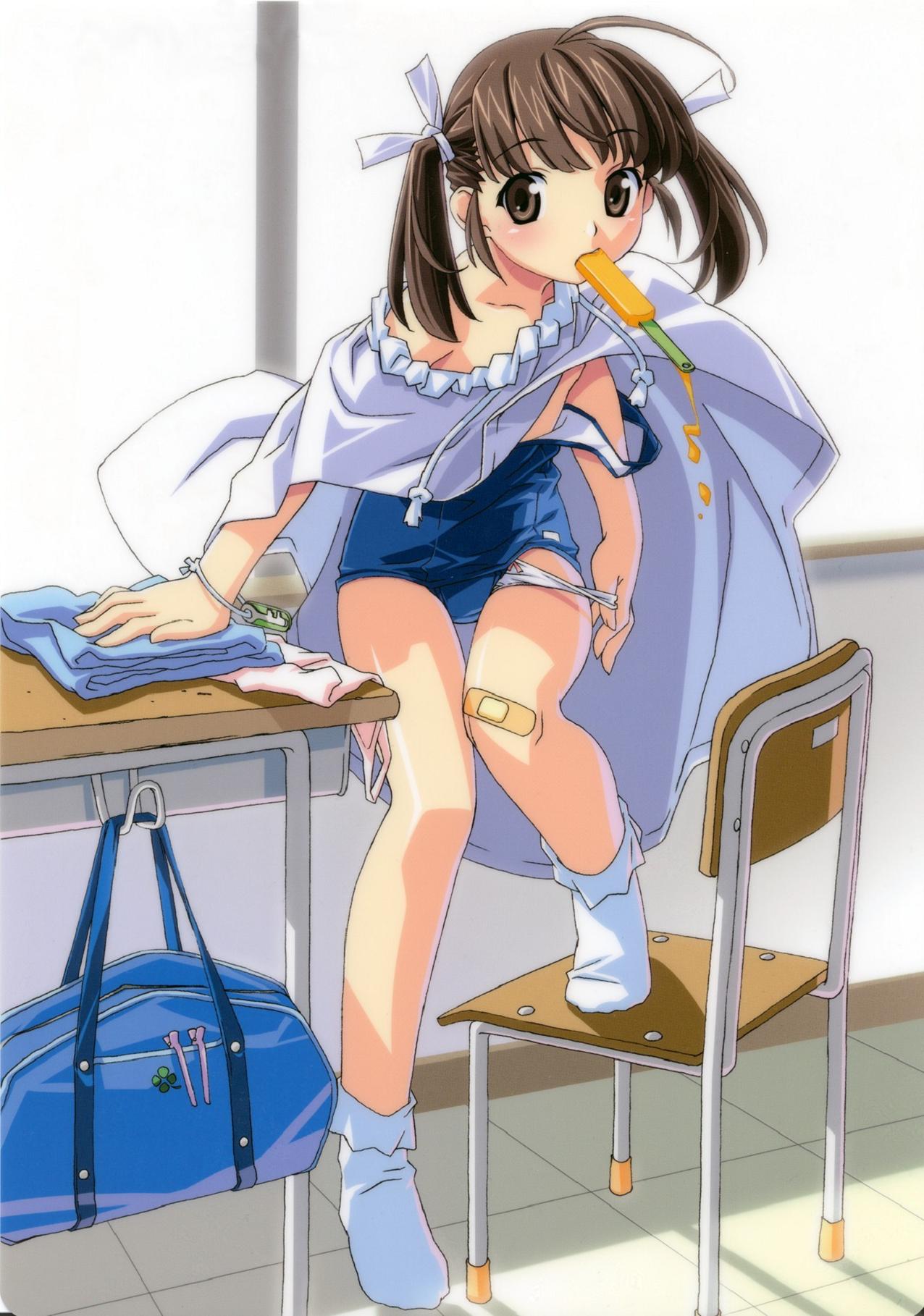 watanabe akio, highres, jpeg artifacts, 1girl, ahoge, arm support, bag, bandaid, bandaid on knee, bandaid on leg, bobby socks, bow, bow panties, brown eyes, brown hair, chair, changing clothes, collarbone, desk, female focus, food, hair ornament, hair ribbon, hairclip, indoors, key, looking at viewer, melting, mouth hold, no shoes, one-piece swimsuit, panties, popsicle, ribbon, school bag, school desk, school swimsuit, socks, solo, swimsuit, tile floor, tiles, twintails, underwear, undressing, white panties, white socks