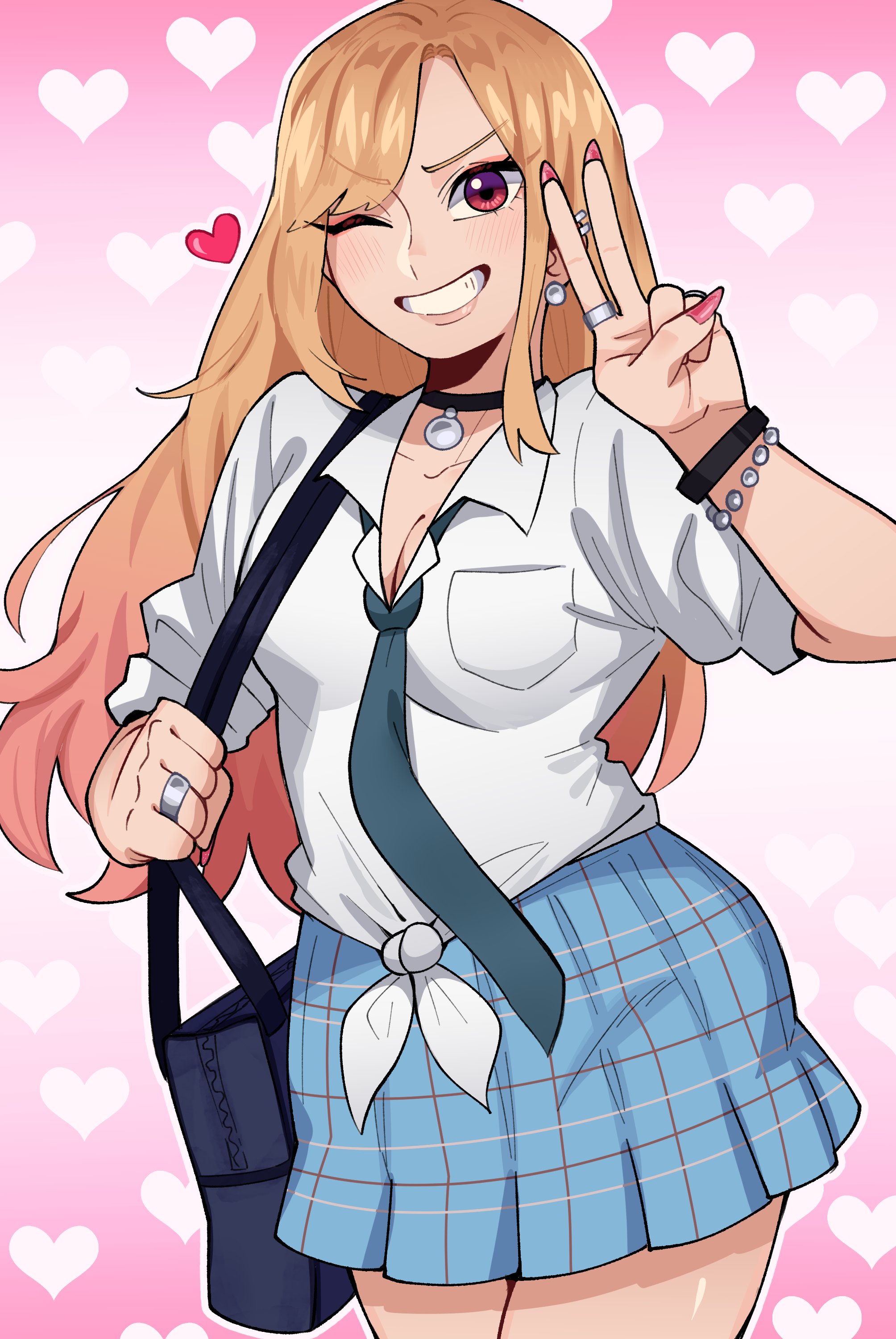 maejpg ., kitagawa marin, sono bisque doll wa koi wo suru, absurdres, highres, 1girl, bag, black choker, blue skirt, breasts, choker, cleavage, collared shirt, grin, heart, heart background, jewelry, long hair, looking at viewer, necktie, one eye closed, pink background, pink nails, plaid clothes, plaid skirt, ring, school bag, shirt, skirt, small breasts, smile, solo, v, white shirt