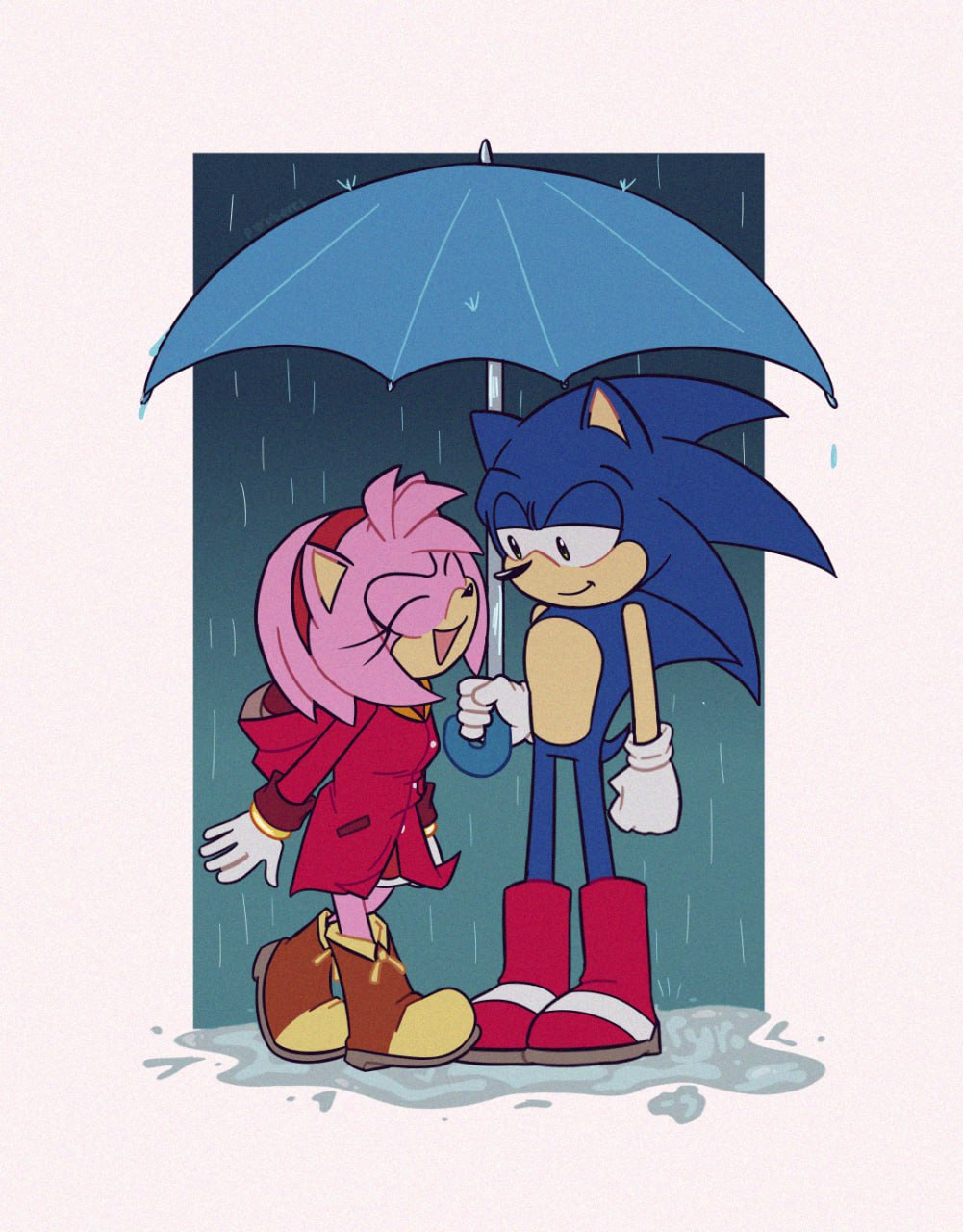 amy rose, sonic the hedgehog, sega, sonic (series), bllue fur, blue hair, boots, coat, gloves, hood, hoodie, pink fur, pink hair, rain, smile, sonamy, spiked hair, umbrella