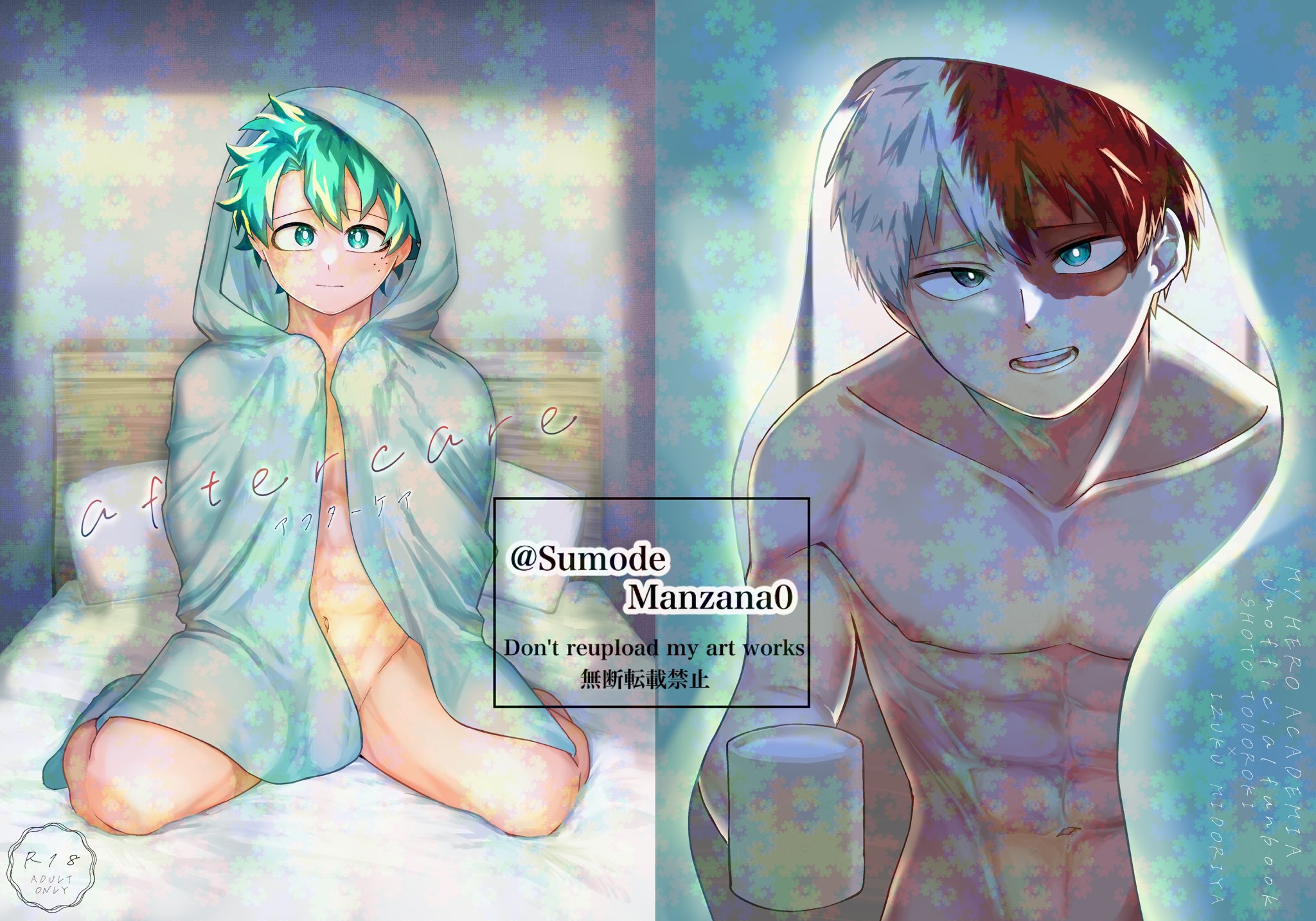 midoriya izuku, todoroki shoto, boku no hero academia, abs, blanket, blue eyes, cup, curly hair, embarrassed, freckles, green eyes, green hair, grey eyes, groin, hiding, legs, messy hair, multicolored eyes, multicolored hair, nude, pectorals, red hair, scar, smile, sumodemanzana0, teacup, tododeku, two-tone eyes, two-tone hair, white hair, yaoi