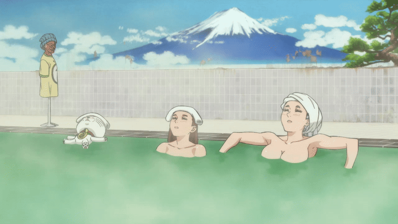 ayase momo, ayase seiko, hana (dandadan), turbo granny (dandadan), dandadan, animated, animated gif, tagme, 2025, 20s, 2girls, bathhouse, beanie, beanie hat, breasts, cat, closed eyes, grandmother and granddaughter, grey hair, hat, large breasts, mature female, medium breasts, mount fuji, multiple girls, onsen, open mouth, shirt, t-shirt, tiles, towel, towel on head, whiskers