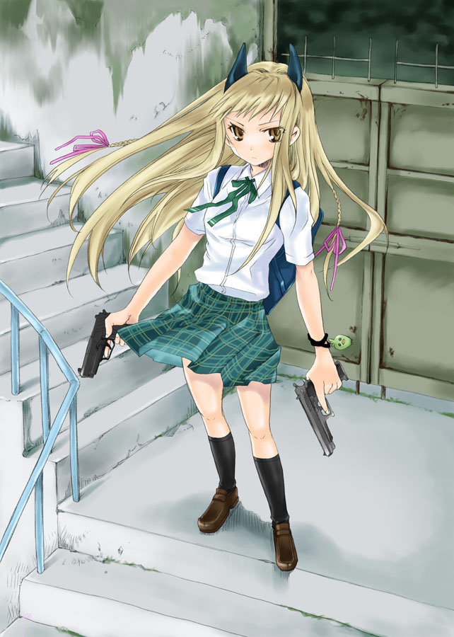kurafuji sachi, original, bad id, bad pixiv id, 1girl, animal ears, bag, blonde hair, bow, bracelet, brown eyes, dual wielding, female focus, gun, handgun, hands on own hips, holding, jewelry, long hair, pistol, plaid clothes, plaid skirt, school uniform, serafuku, skirt, socks, solo, stairs, weapon
