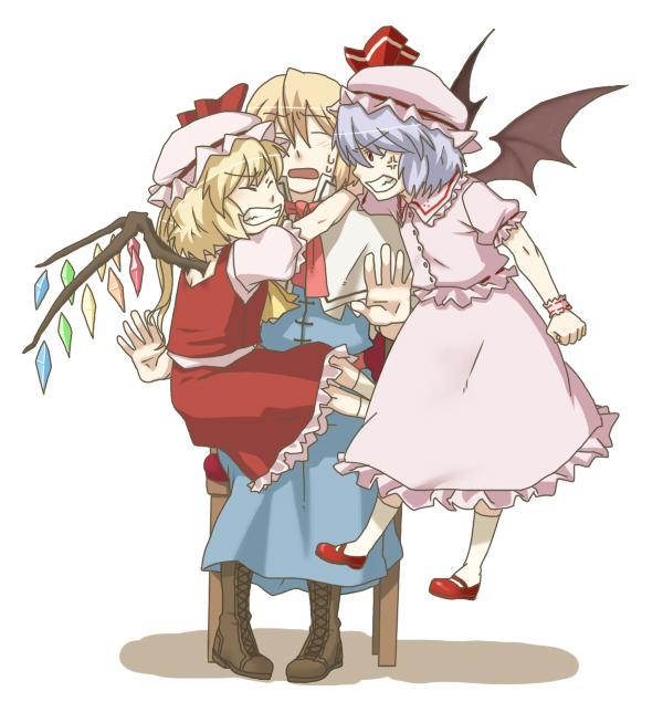 torinone, alice margatroid, flandre scarlet, remilia scarlet, touhou, 3girls, anger vein, bat wings, blonde hair, blue hair, clenched hand, female focus, hat, hug, mob cap, multiple girls, ribbon, short hair, wings, wrist cuffs