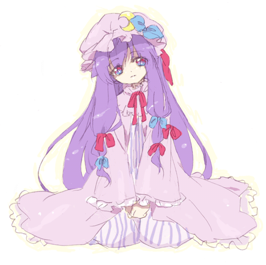 kona, kona (canaria), patchouli knowledge, touhou, bad id, bad pixiv id, 1girl, female focus, hat, kneeling, long hair, purple hair, ribbon, solo